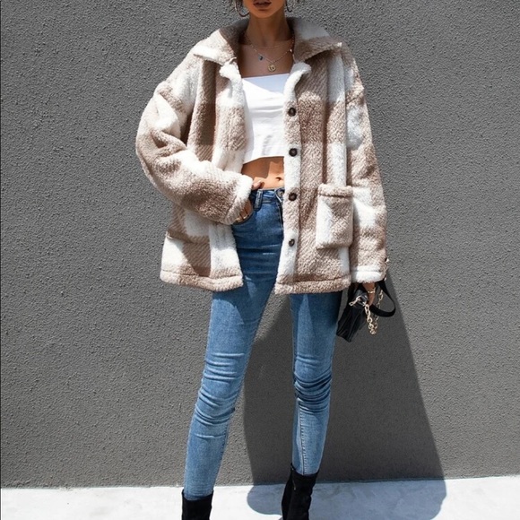 Gingham plaid teddy coat with buttons cozy - Picture 10 of 15